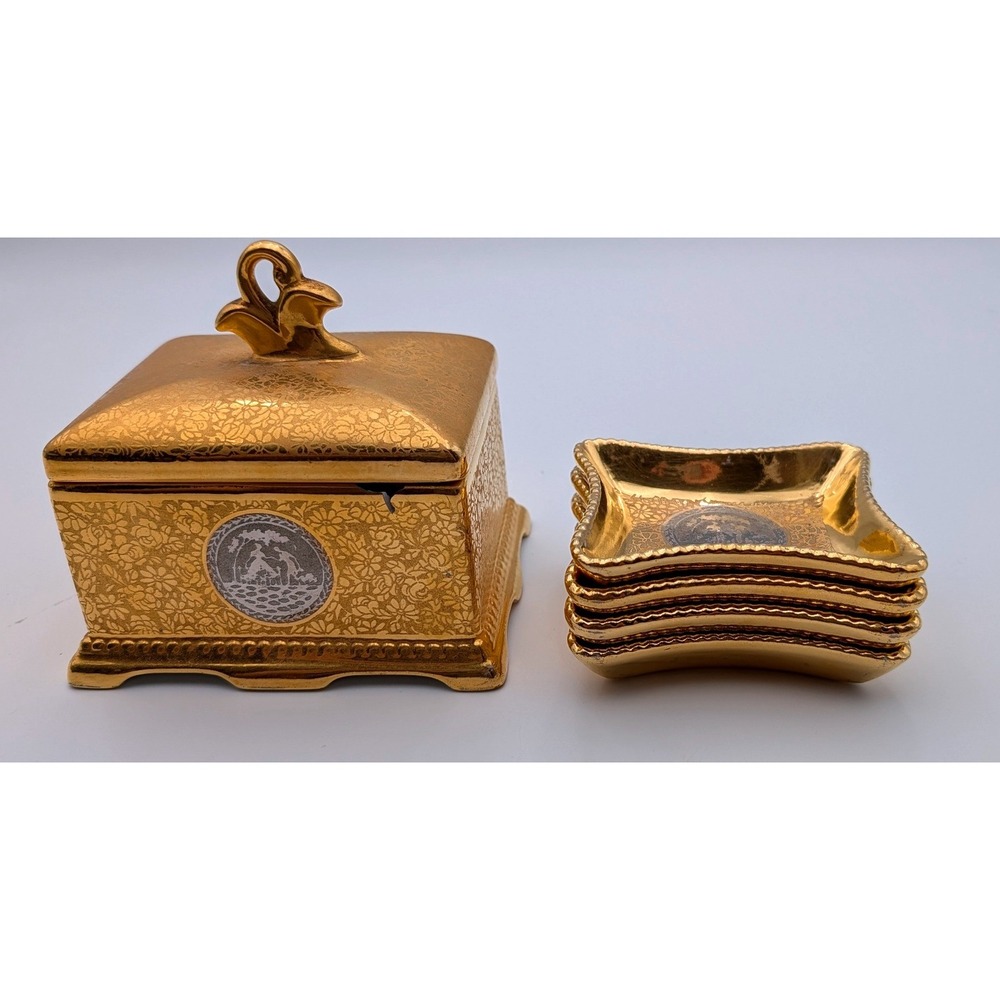 Vintage Le Mieux China 24kt Gold Platinum Cigarette Box & 4 Ashtray Set Romantic